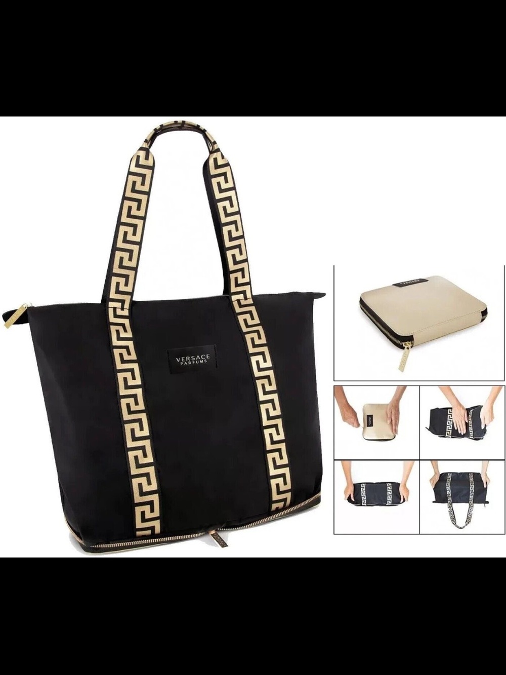 Versace Parfums black and gold folding tote bag